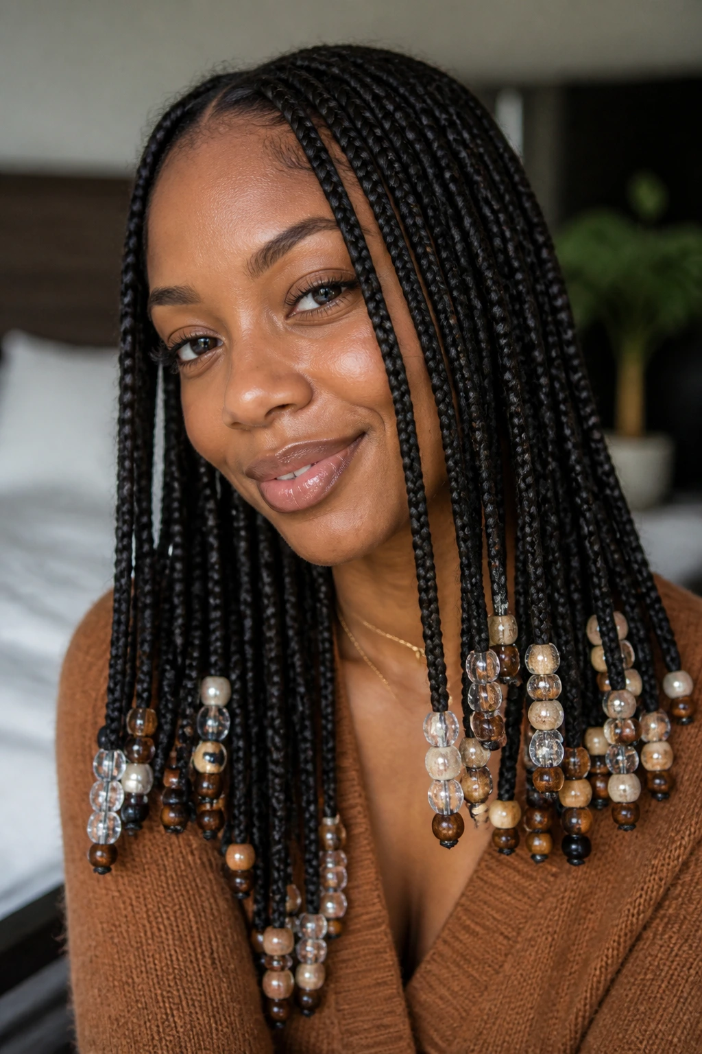 Close-up real woman knotless braids beads with mixed material beads