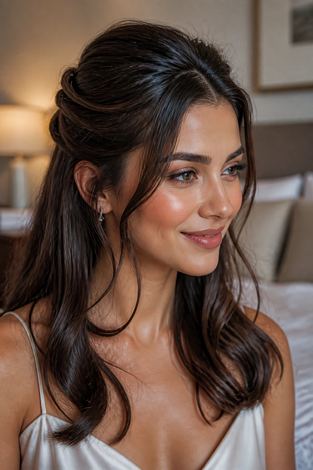Close-up of a real woman with a polished half-up twist for a birthday look
