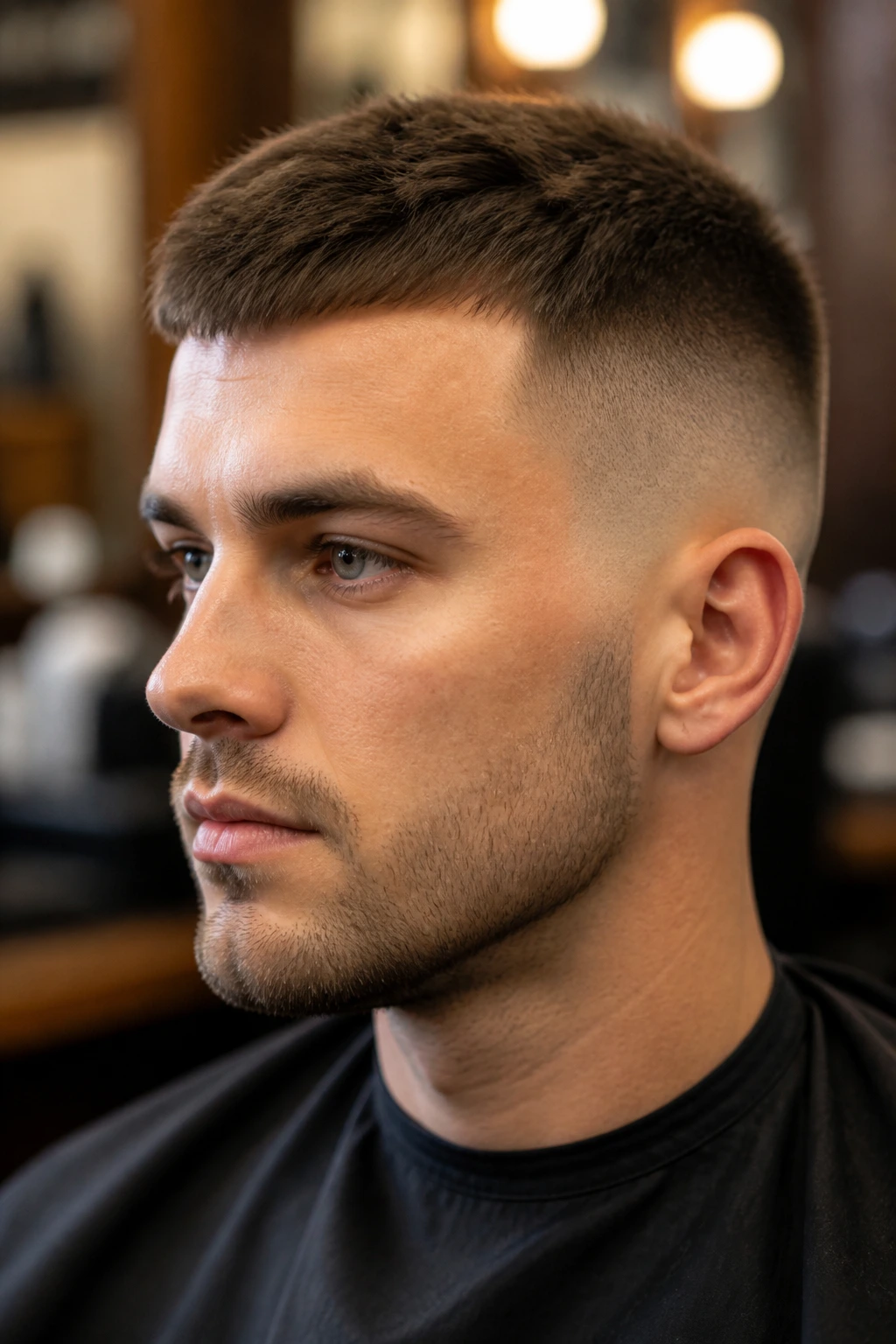 Close-up portrait of a real man with a subtly textured crew cut top