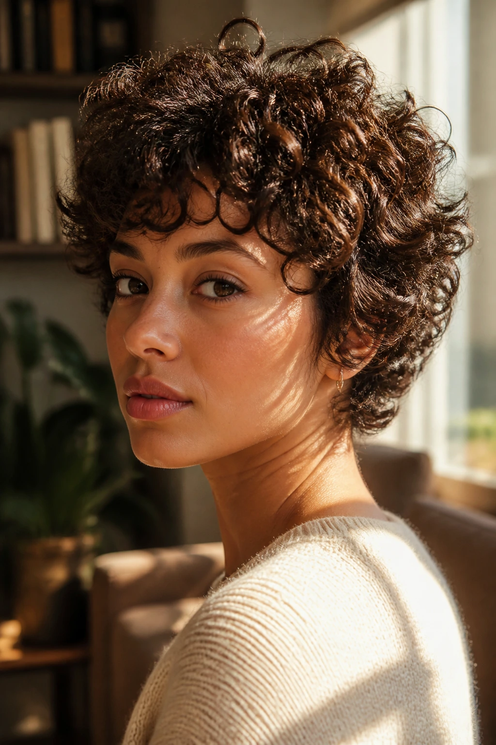 Real person with curly hair showing layered variation and texture