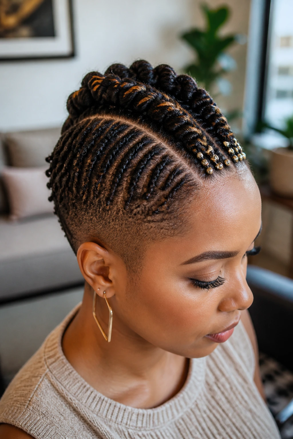 Portrait of mohawk with variations like twists and beads