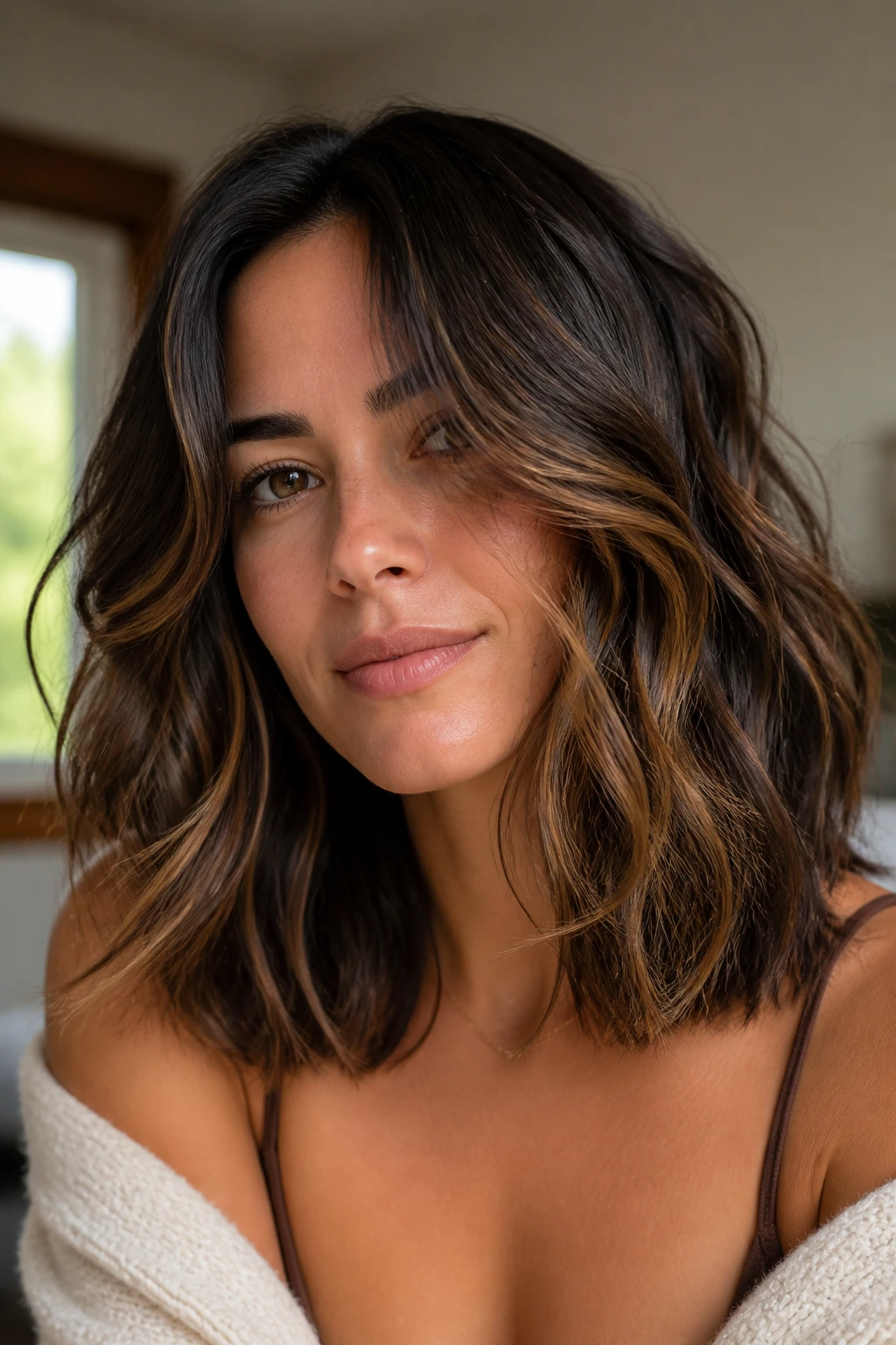 Close-up of a real person with a shoulder-length wavy lob