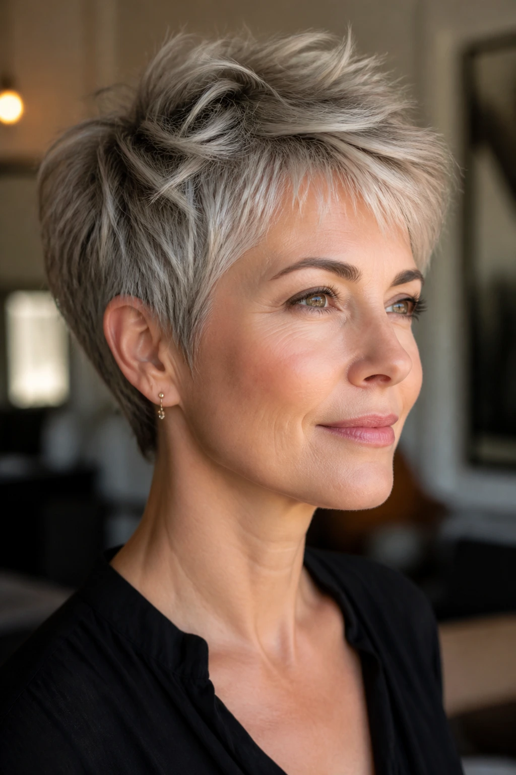 Portrait showing variation with crisp layers and lifted crown on fine straight hair.