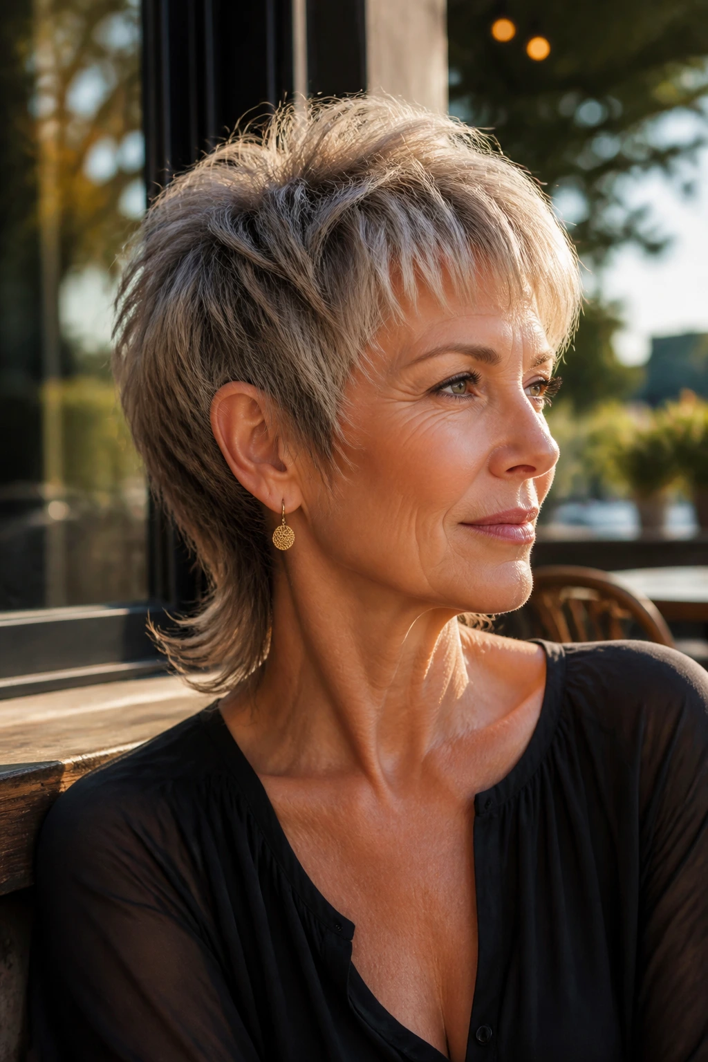 Close-up of an older woman with a pixie mullet showing variation with longer back and softer fringe