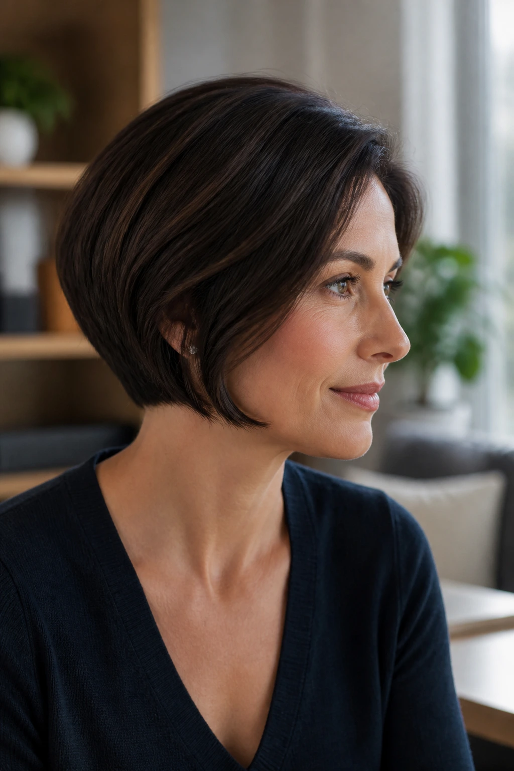 Portrait of a woman with a polished short bob
