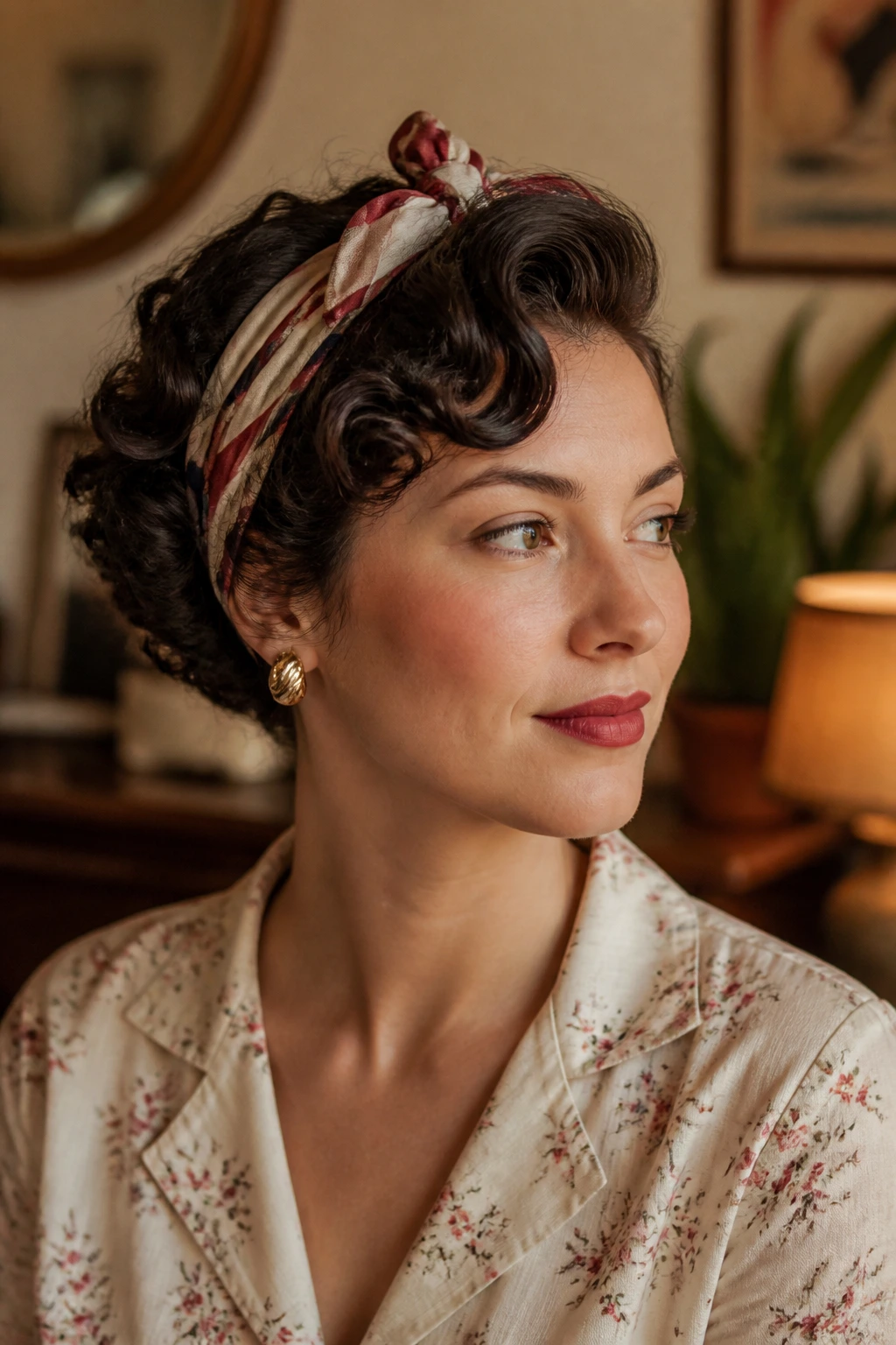 Woman with side-swept vintage curls and a crown scarf.