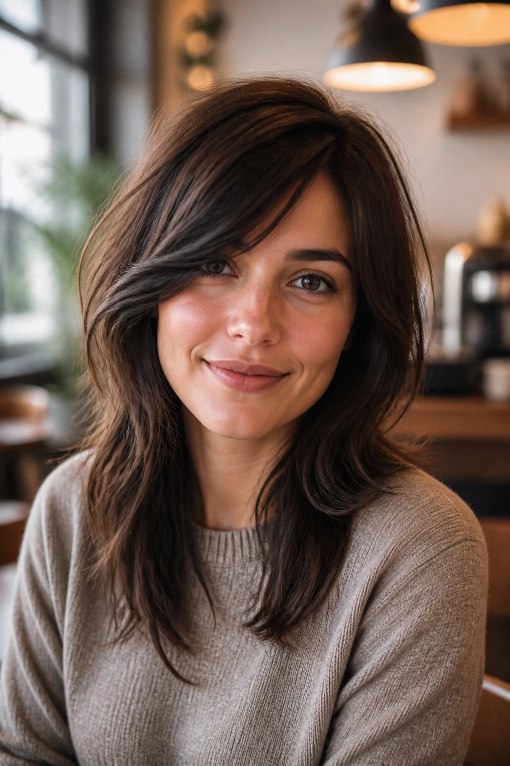 Close-up of a real person with Soft Studio Shag variation and neat side part in a warm, casual setting.
