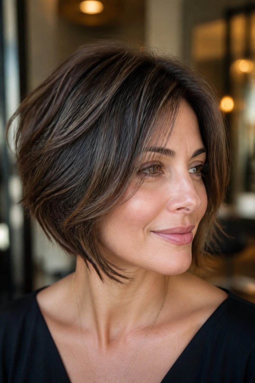 Close-up of a woman with a varied short frame showing movement along the hair perimeter.