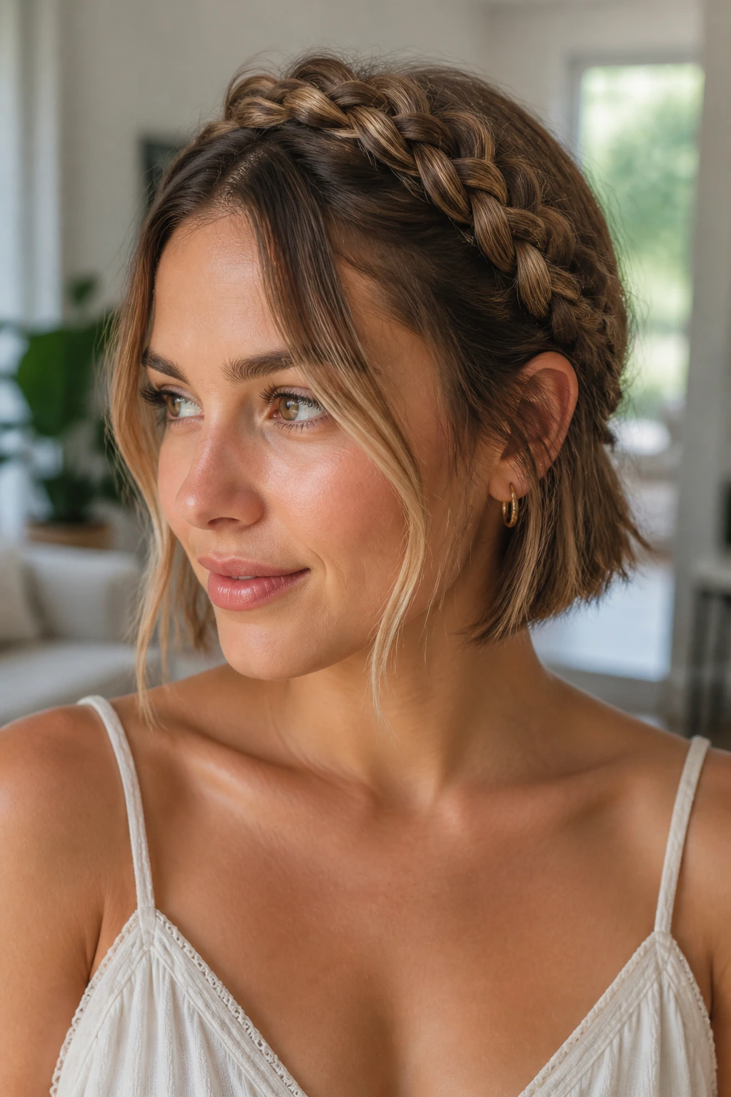 Close-up of woman with crown braid variation and loose front pieces in sunlit room