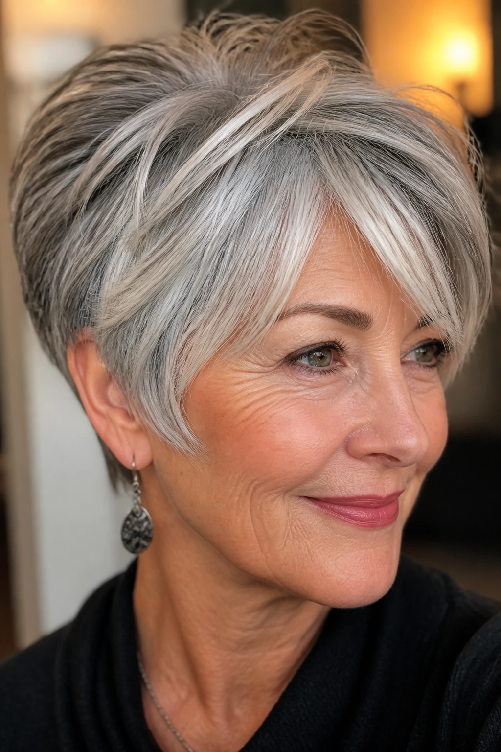 Portrait of a woman with multi-tone silver short hair showing variation