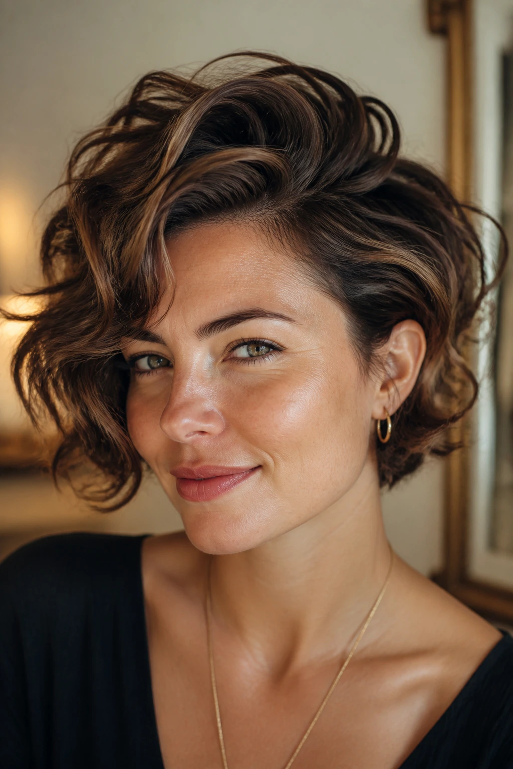 Medium close-up of a real person with versatile short wavy hairstyle in elegant interior
