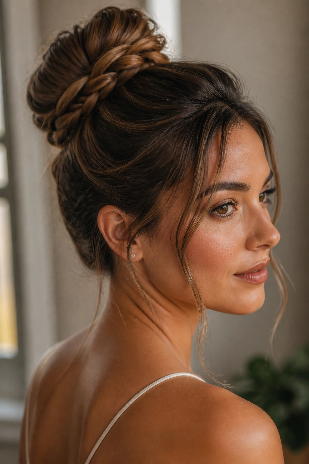 Portrait of a woman with a bun featuring a braid twist for variation