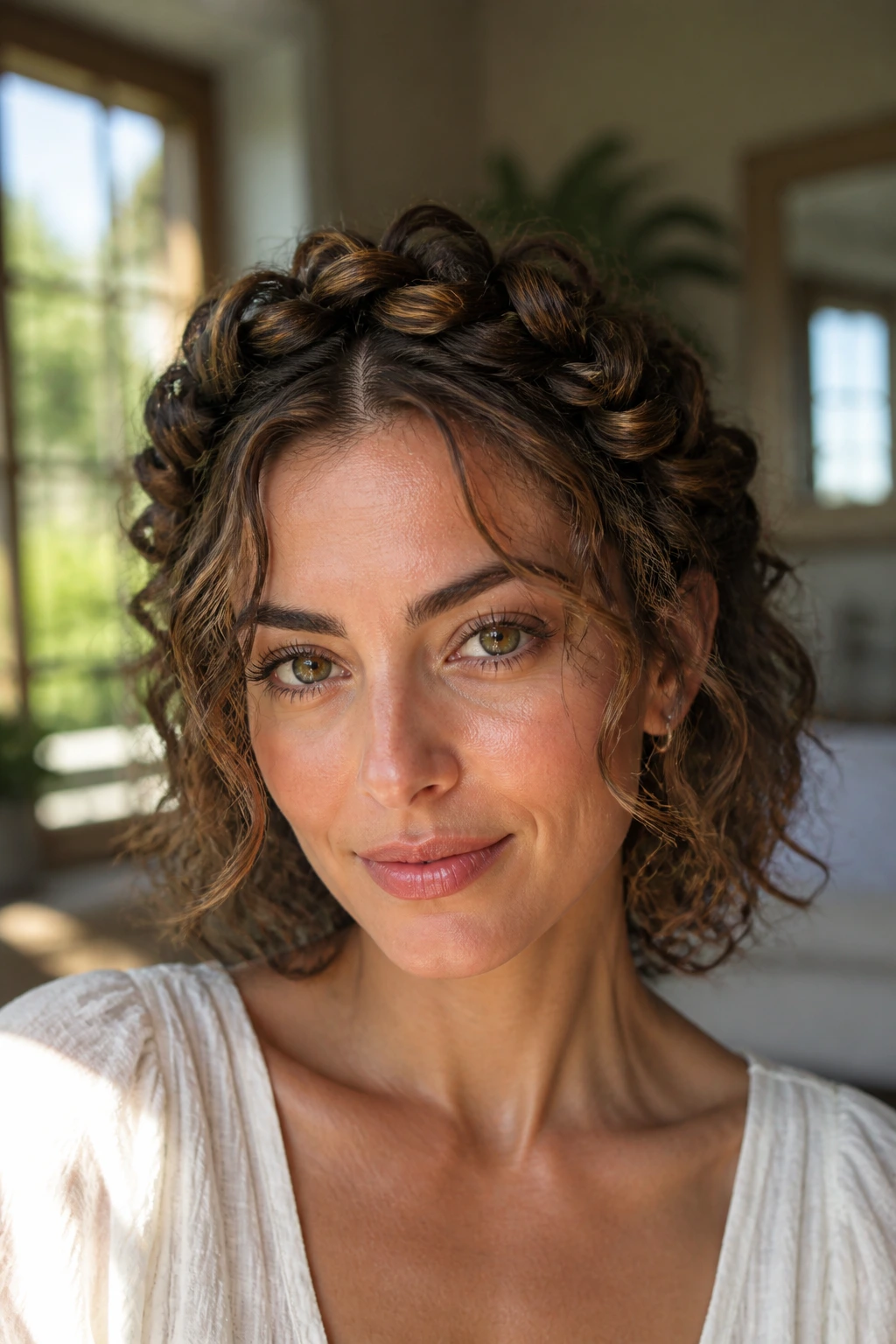 Woman wearing a curly halo twist updo framing her face