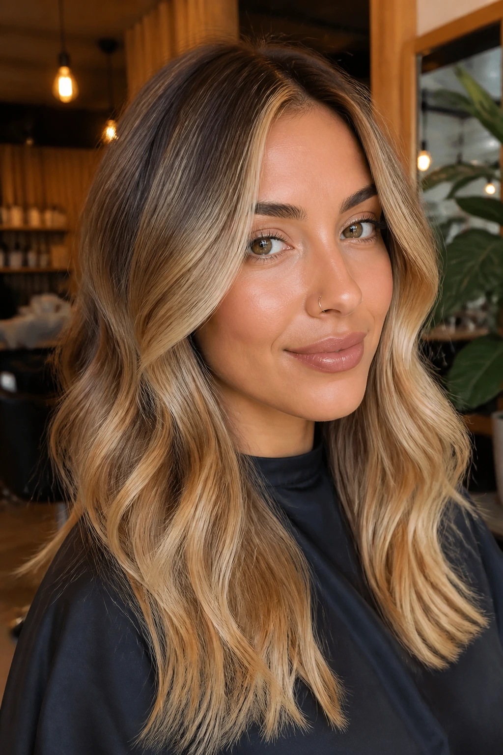 Portrait of a real person with multi-toned warm blonde highlights