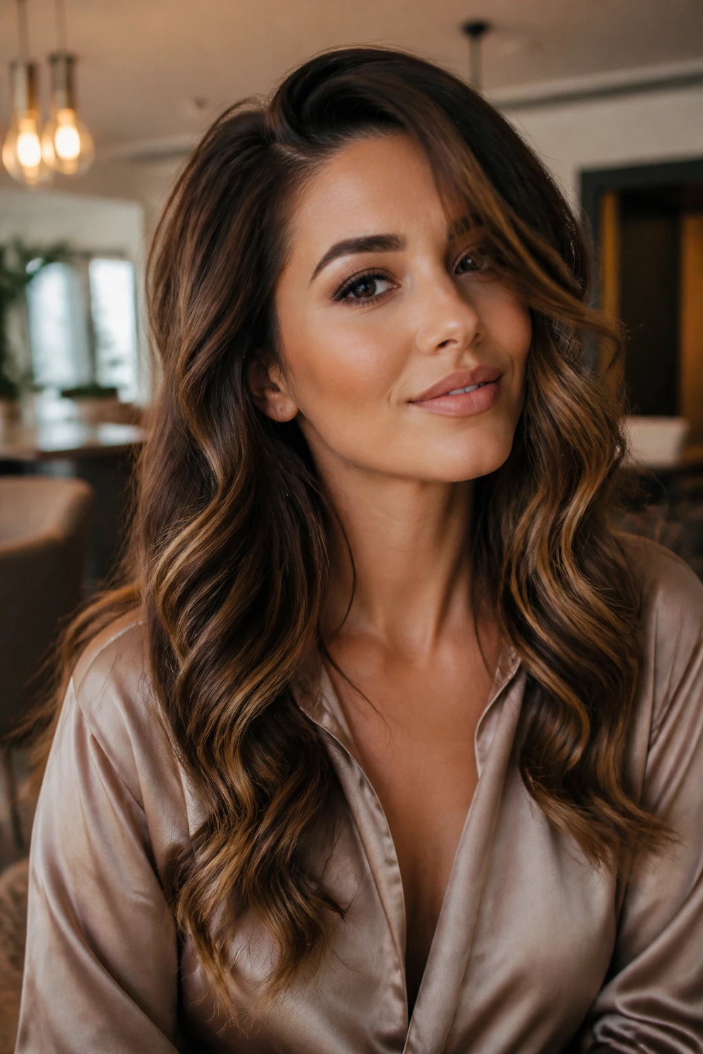 Portrait of a woman with glossy side-part waves in a chic lounge