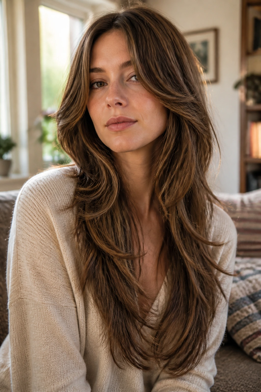 Close-up portrait of a real woman with long V-cut lengths and feathered sides.