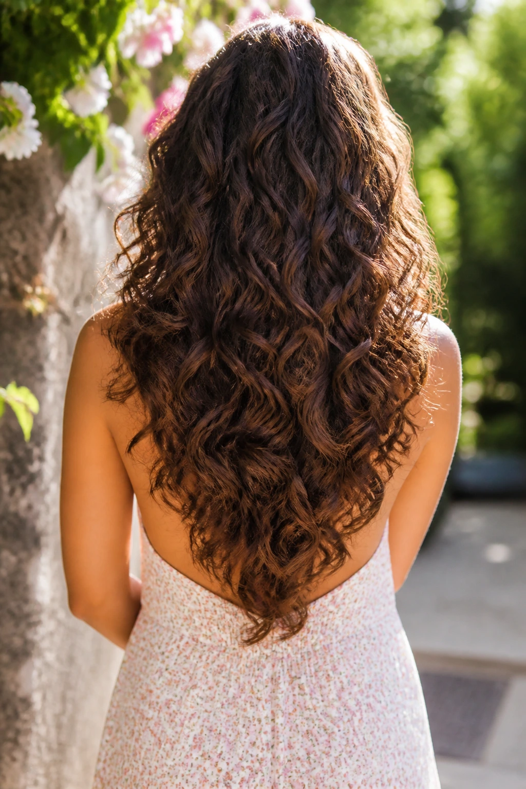 Back view of a real woman with a soft V-cut at the back