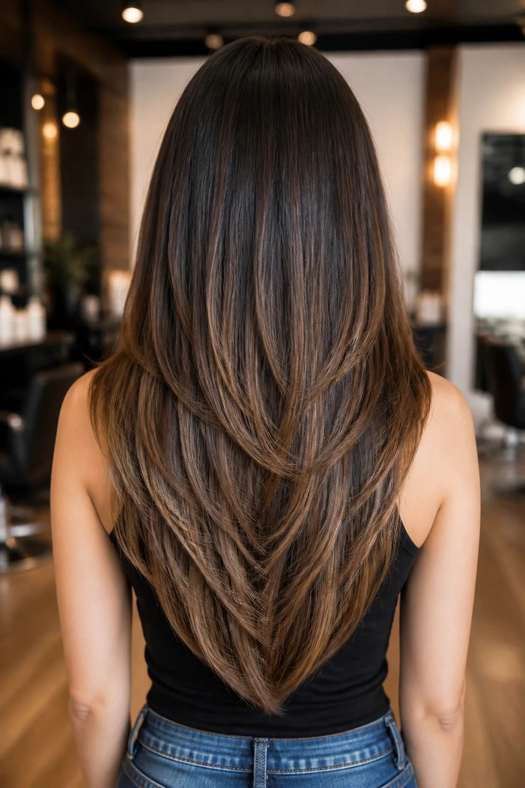 Back view of a real woman with V-cut layers showing a sharp back point and layered length