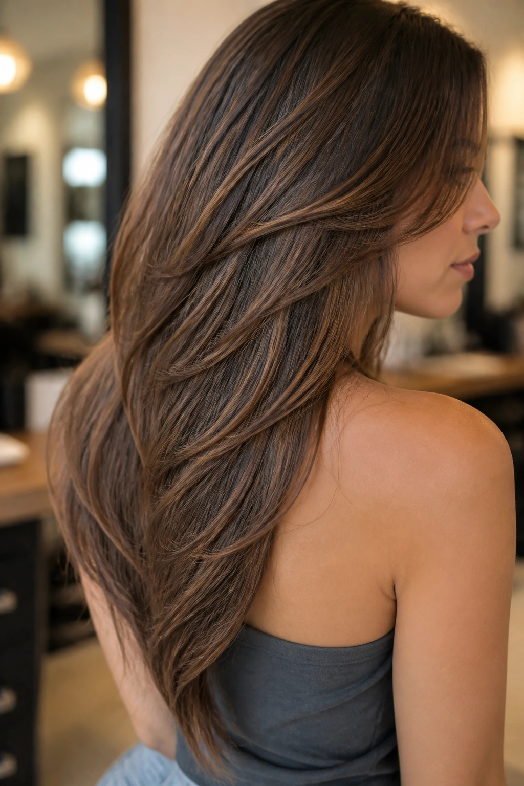 Close-up back view of thick hair showing V-cut layers at the nape.