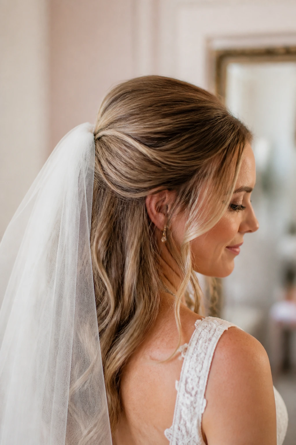 Bride wearing veil anchored by half-up hairstyle