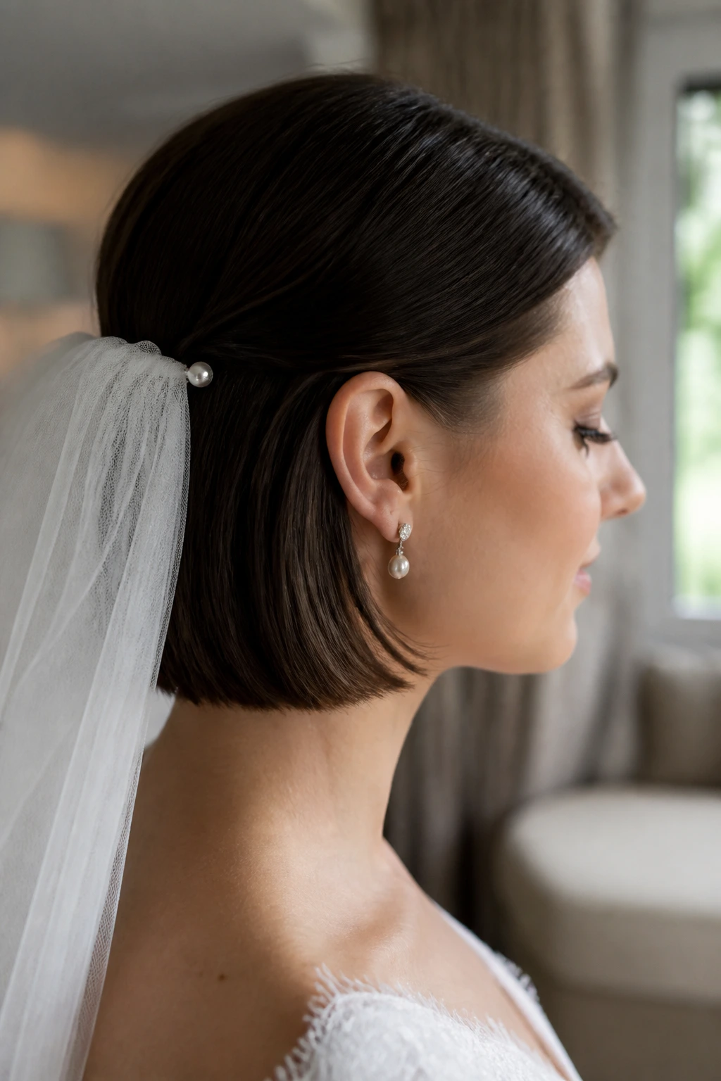 Side-profile of short straight hair pinned back with veil anchor
