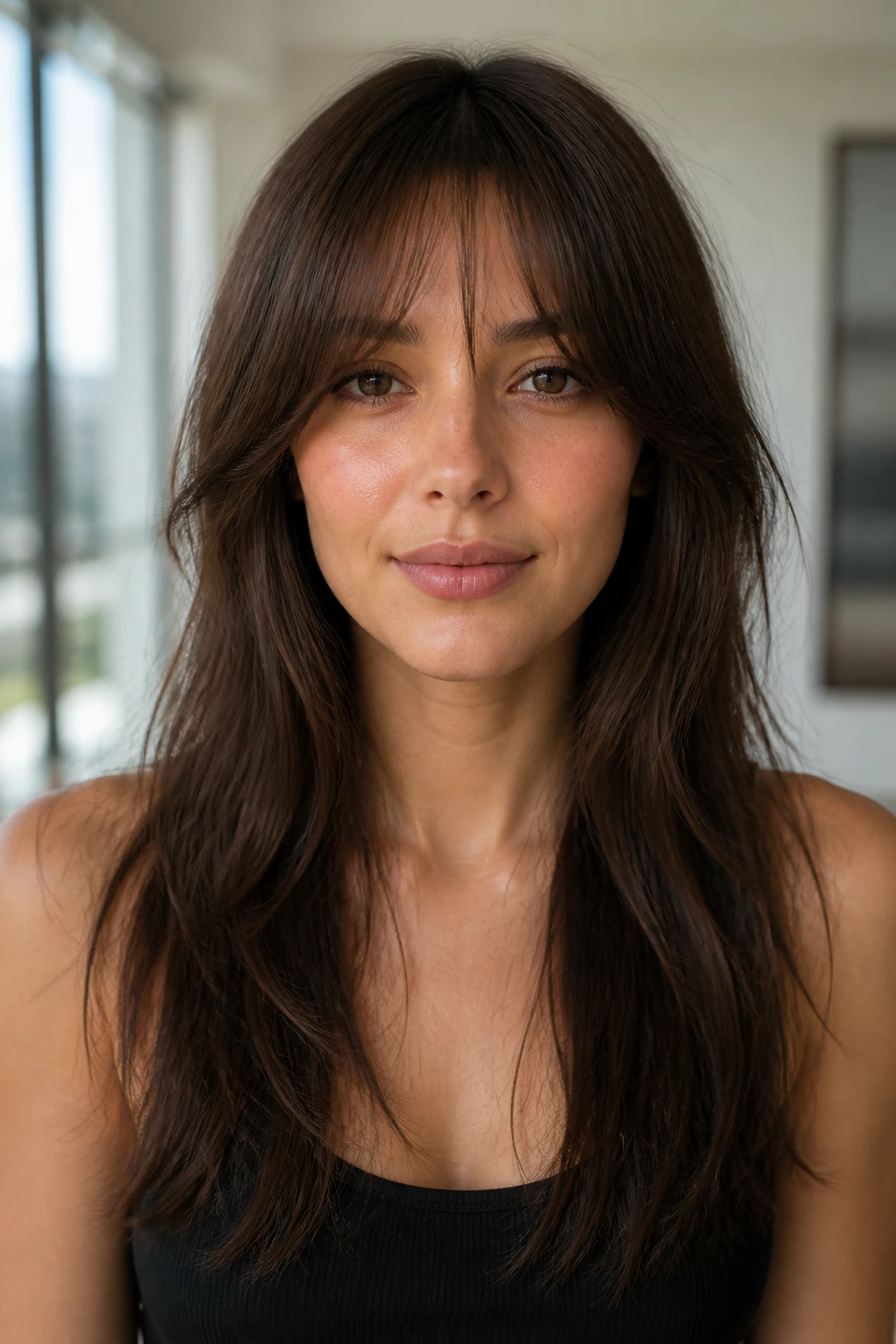 Close-up portrait of a real person wearing center-open veil bangs with airy middle and soft sides.