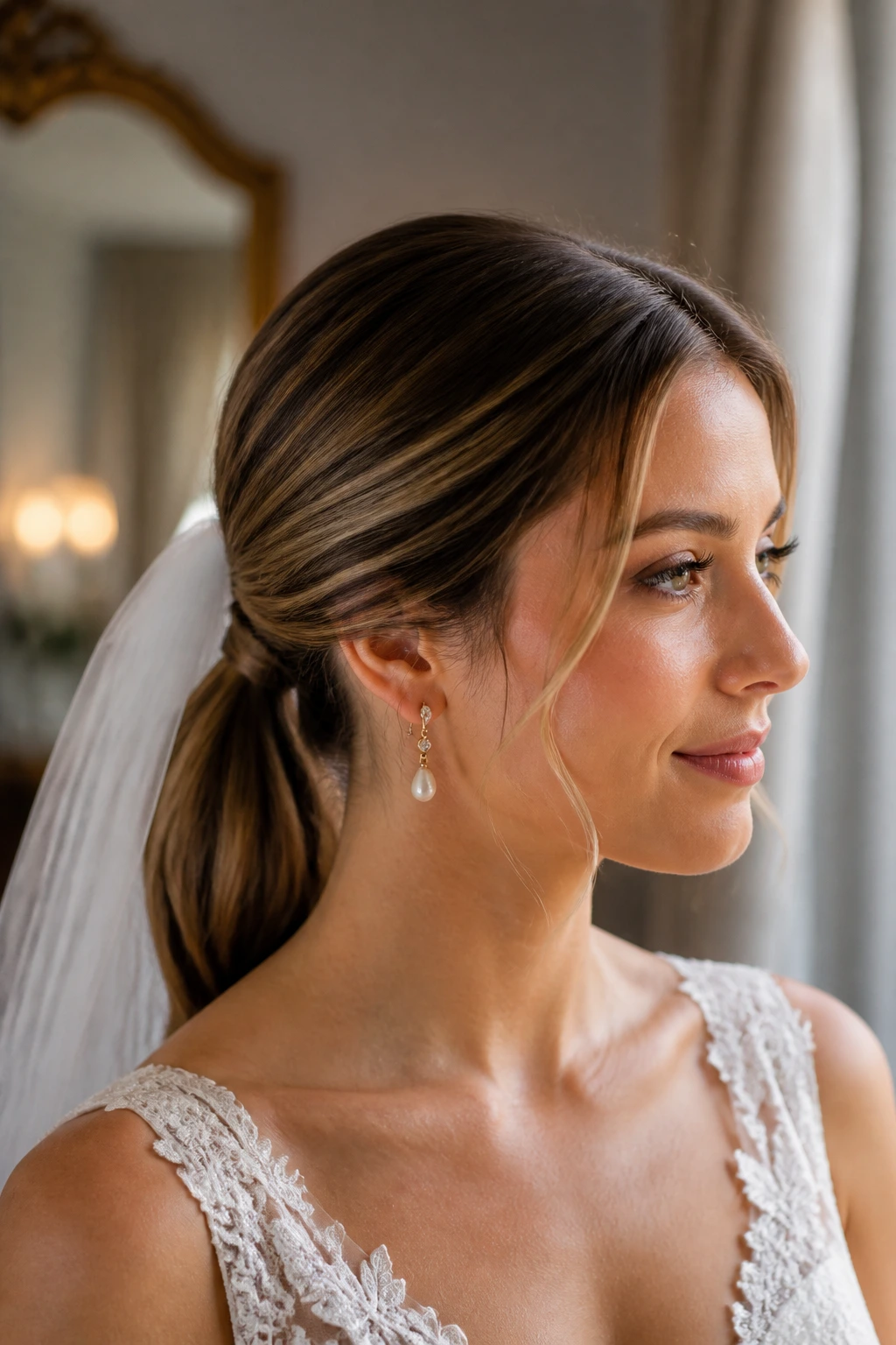 Close-up of a real bride with a Veil-Friendly Base Low Ponytail and nape base for veil