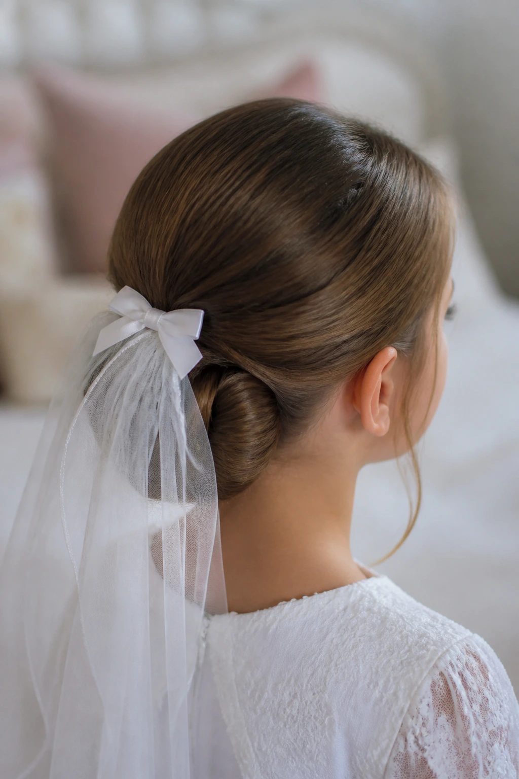 Portrait of a child with a low bun and veil accessory, ready for First Communion
