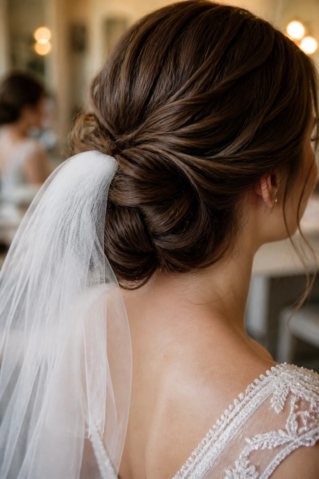 Bride bun with veil attached showing a secure base for movement