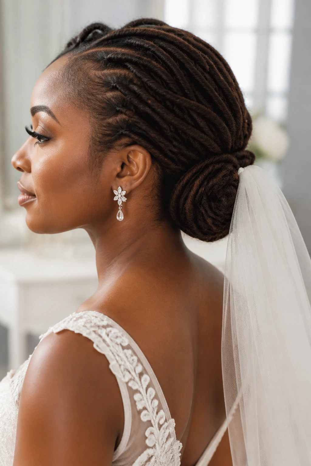 Bride with veil-friendly bun and hidden anchor points
