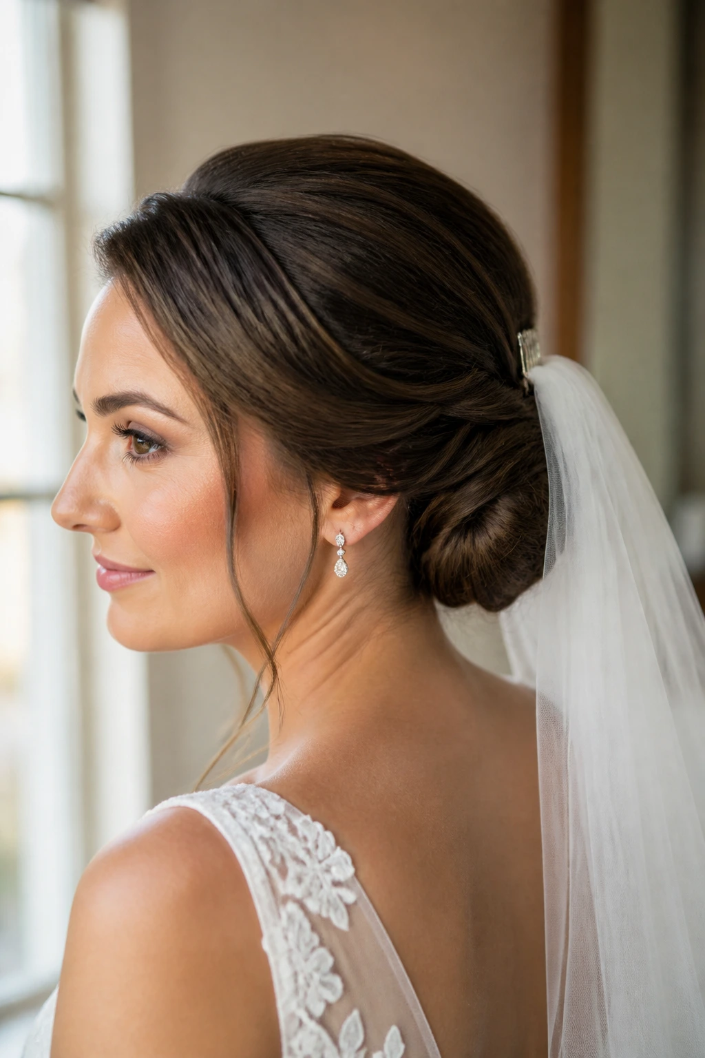 Veil-anchored chignon with veil comb in bridal prep room