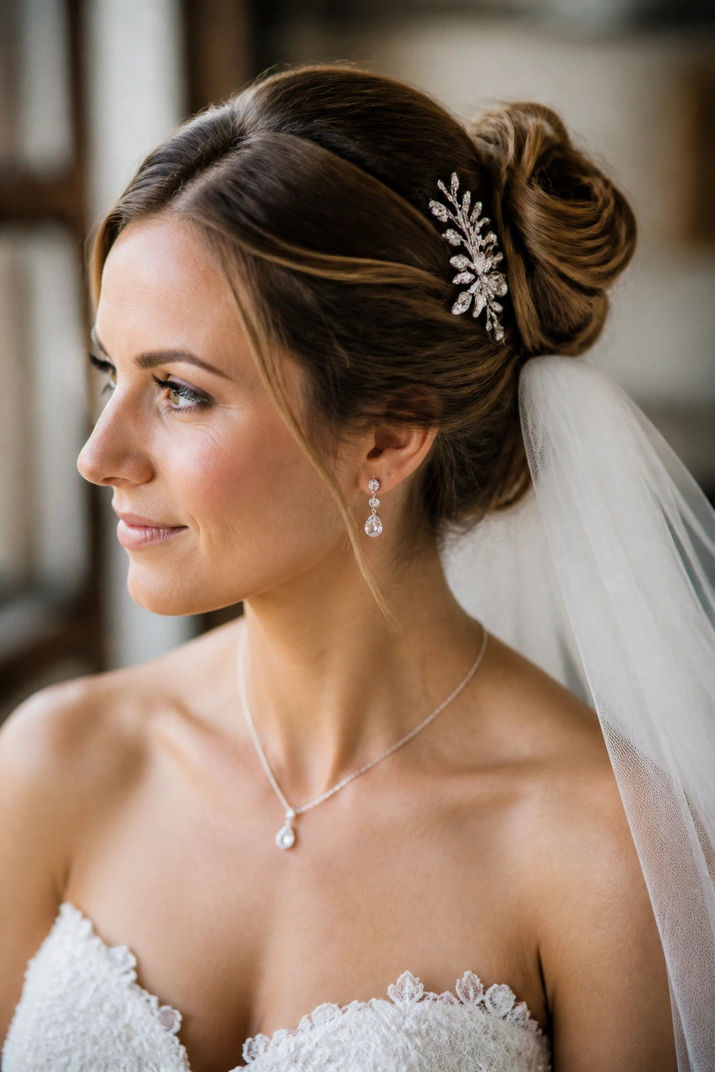 Bride with veil comb in updo and soft jewelry glow