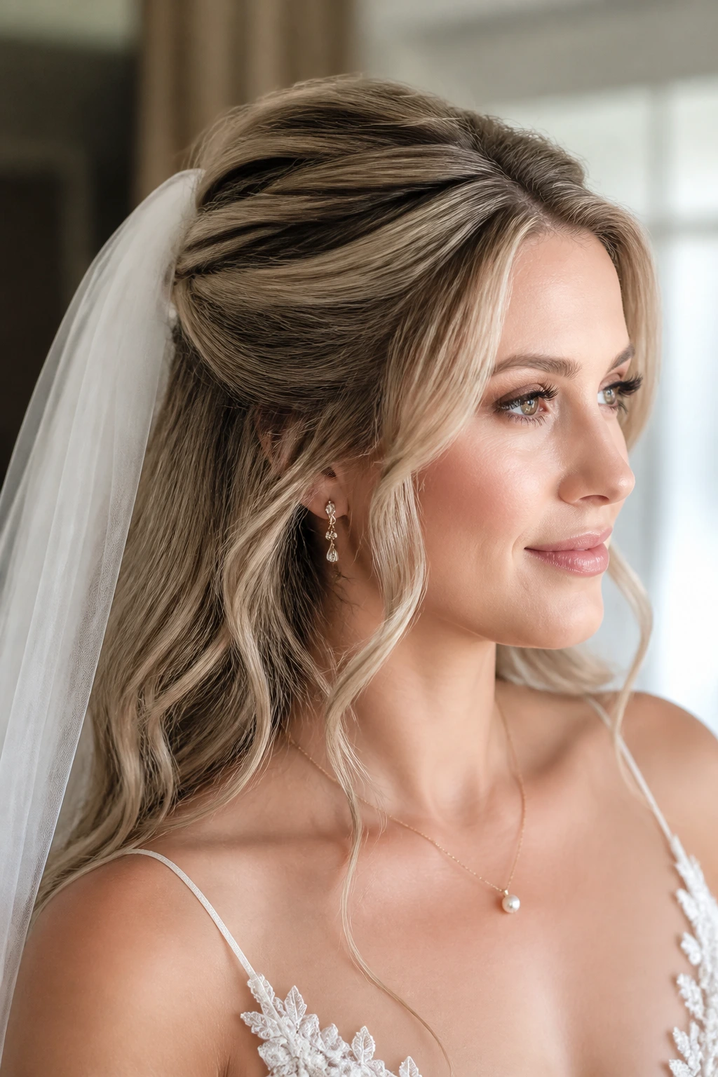 Bride with veil and lifted crown wave hairstyle in bridal suite.