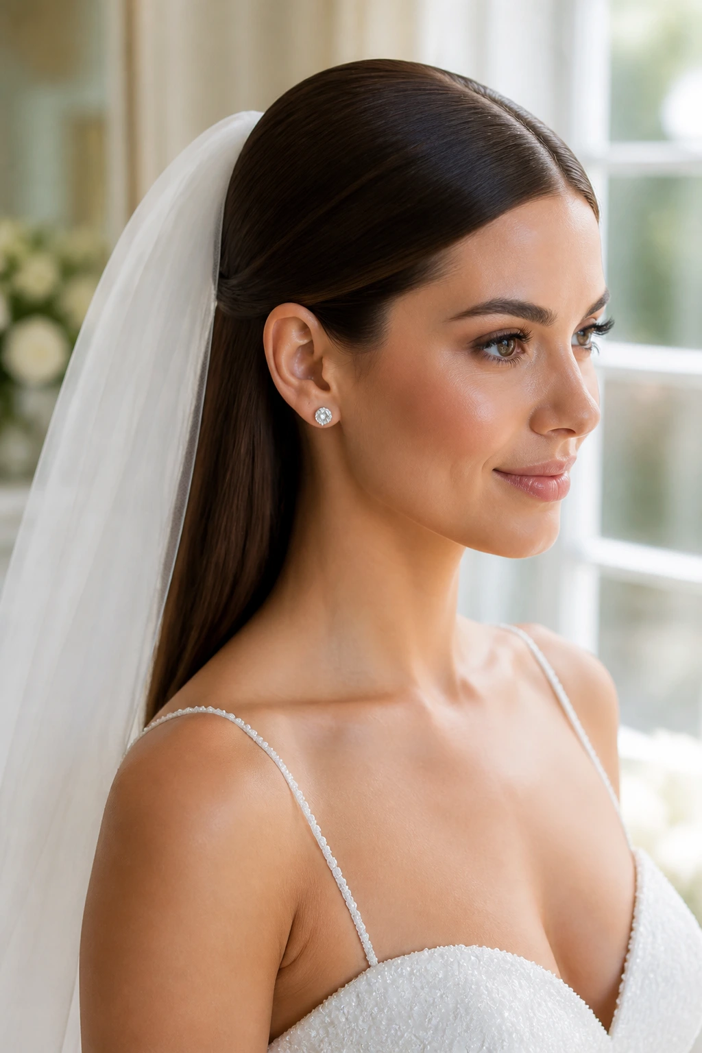 Close-up of a real bride with smooth hair and veil drop