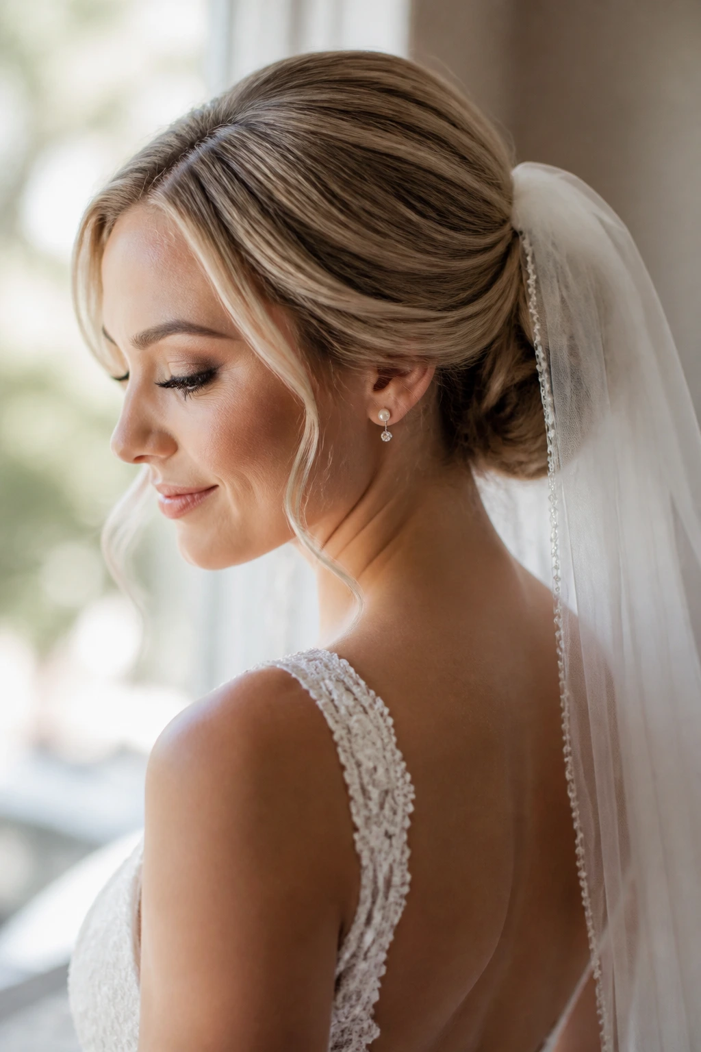 Bride with a veil-friendly bun in soft light