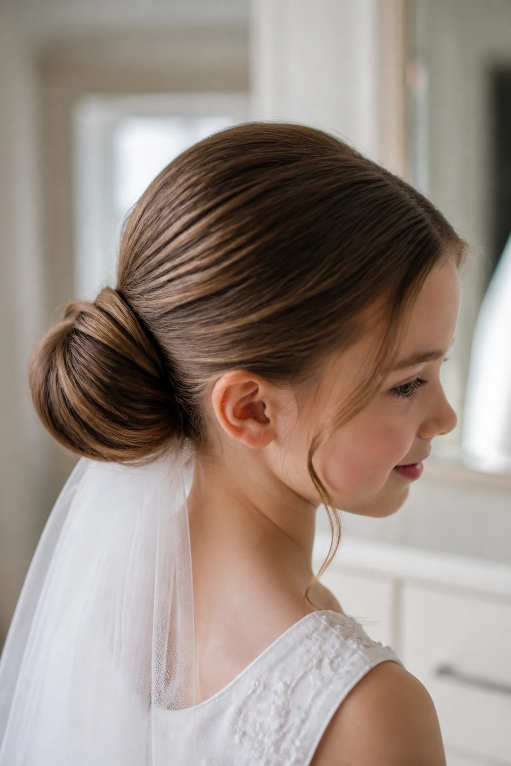 Close-up of a real child with a veil-friendly loop bun in a softly lit indoor setting