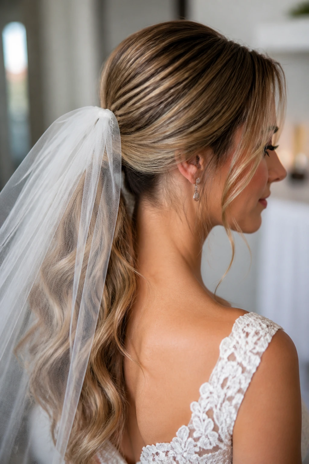 Close-up of veil-friendly low anchor ponytail on real bride with veil attachment