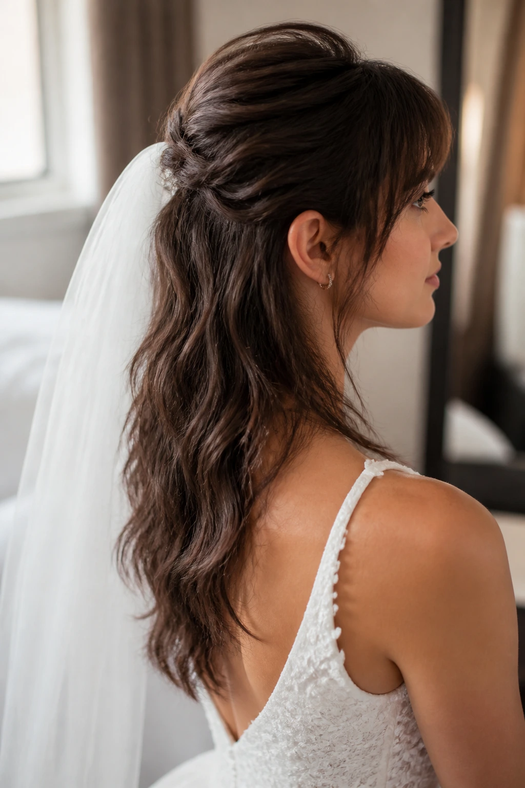 Close-up of a real bride with veil-safe half-up mullet and soft waves.