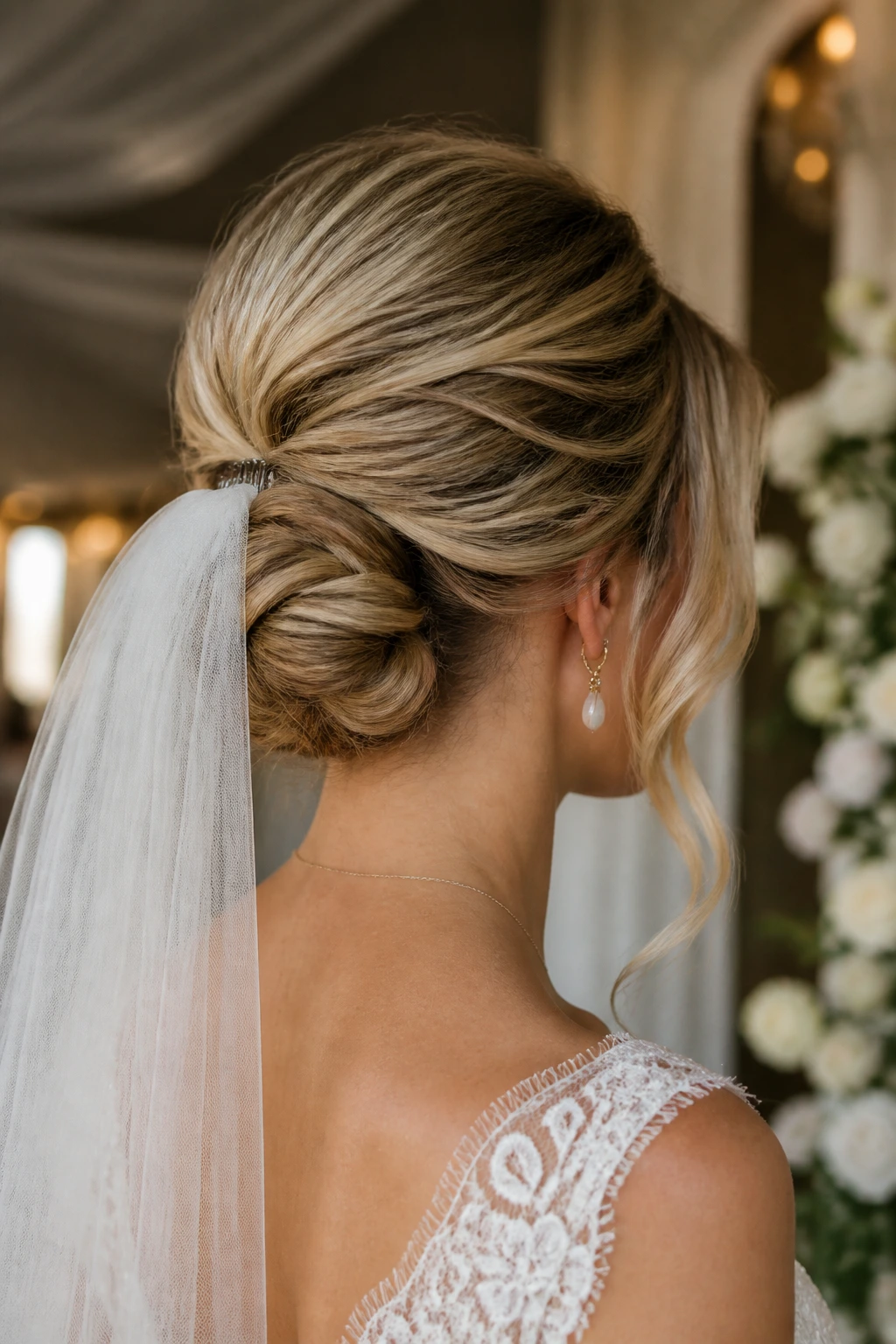 Bride's back profile showing veil-friendly low knot with crown lift