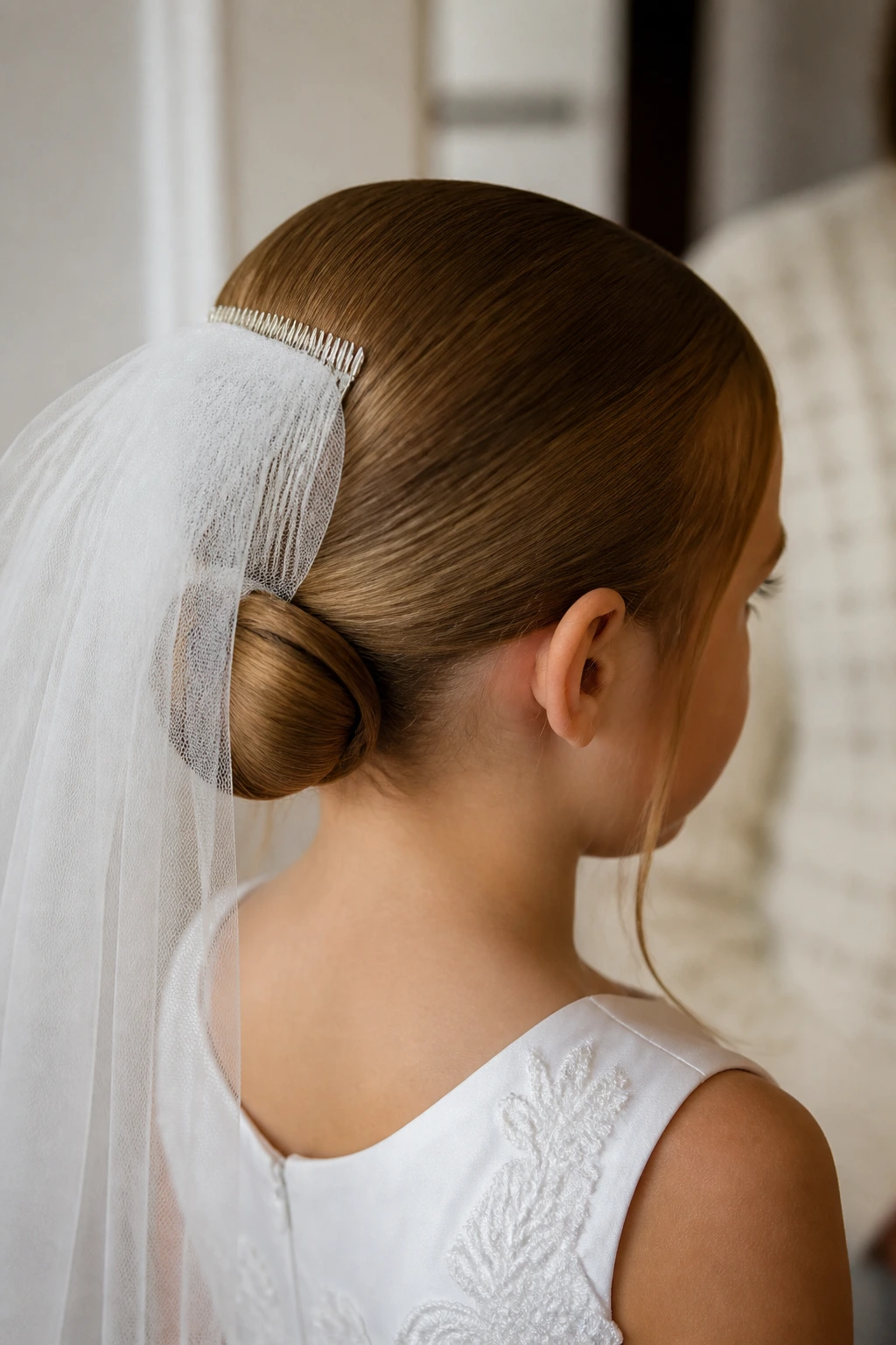Close-up of a real child with veil-ready low knot hairstyle in church dressing room light
