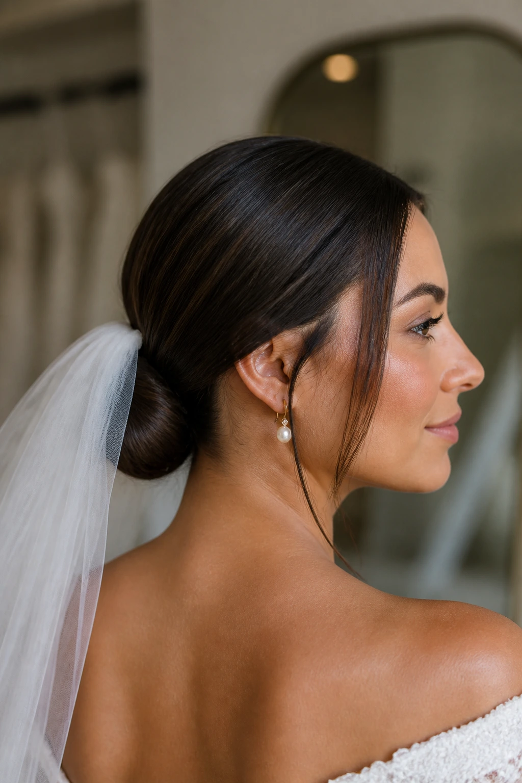 Close-up of a real bride with a veil-friendly knot in straight hair
