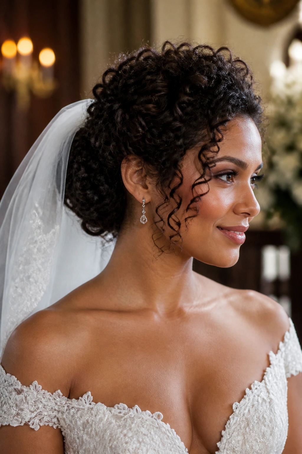 Close-up of a real bride with veil and curly hairstyle