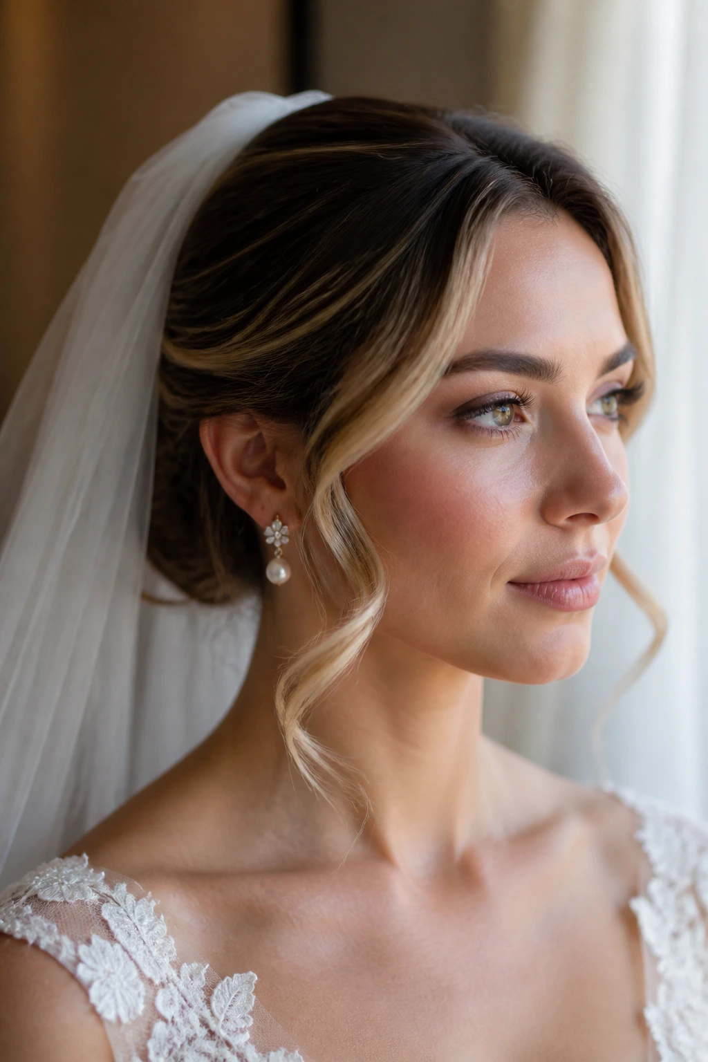 Bride wearing veil and pearl earrings in a bridal suite