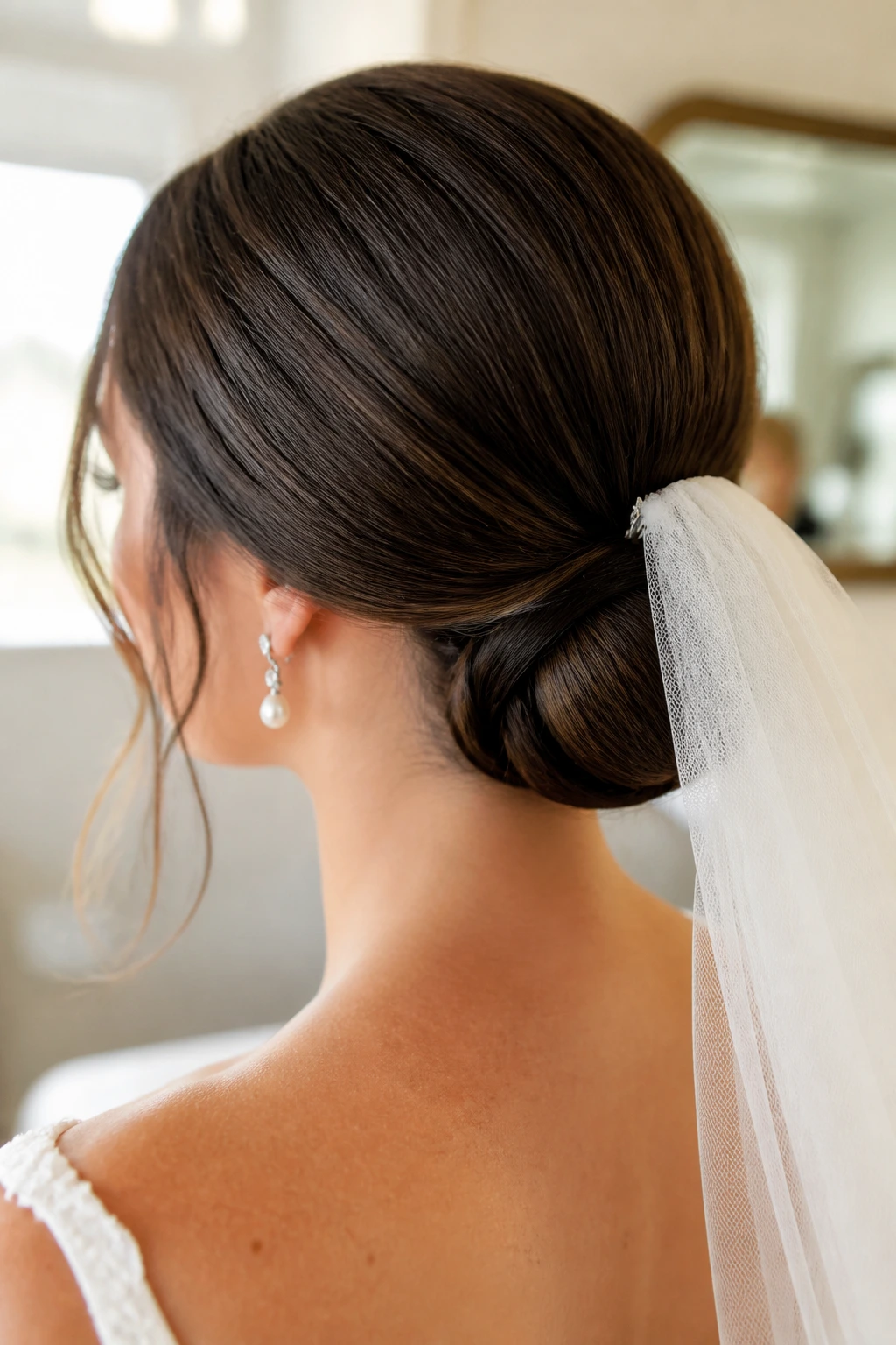 Close-up of real woman with veil-ready low bun and veil comb in a bridal fitting room