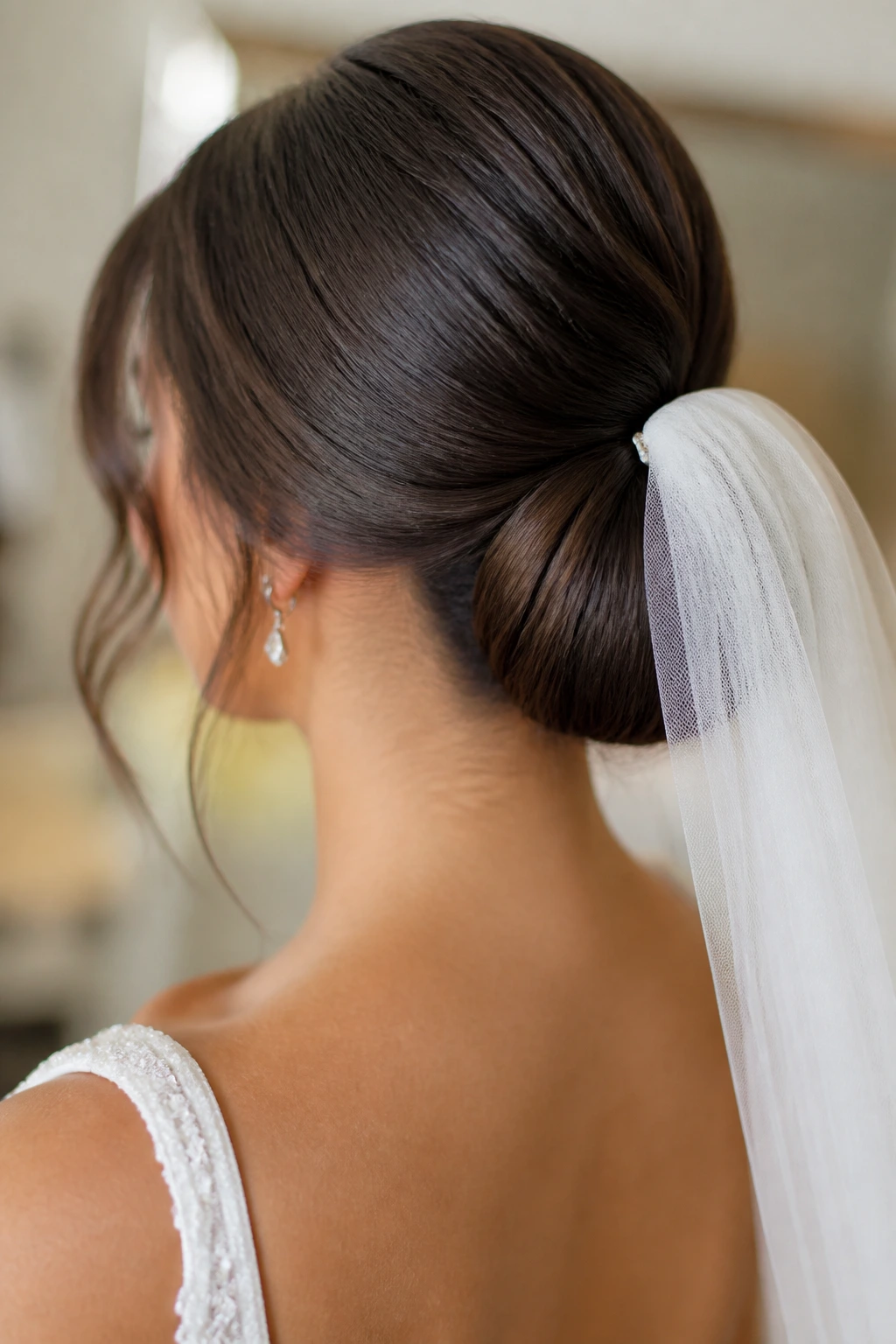 Real bride with veil-ready chignon anchored for veil