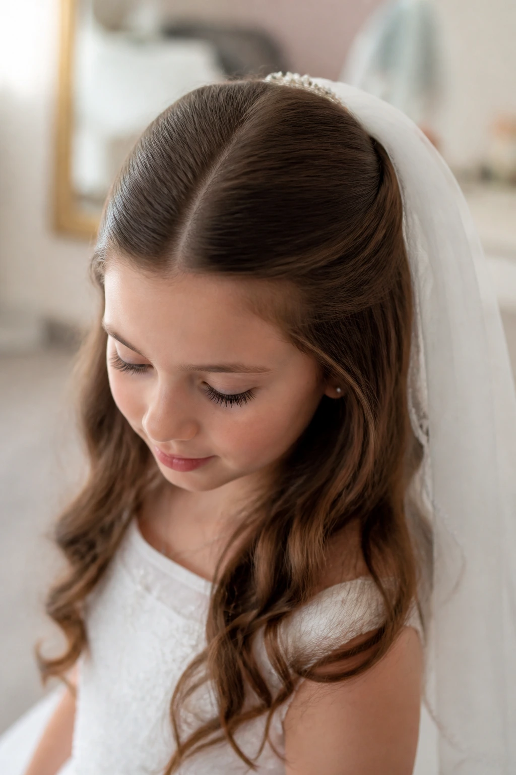 Close-up portrait of a real girl with veil-ready half-up hairstyle and center sweep.