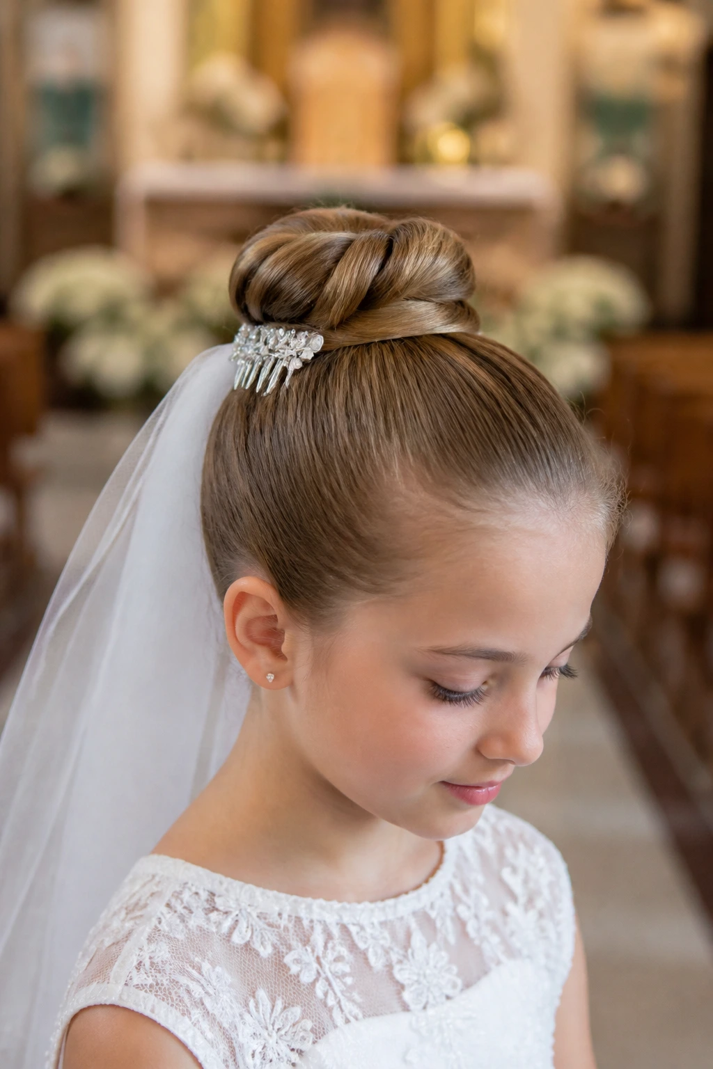 Portrait of a real girl with a veil-ready knot at the crown