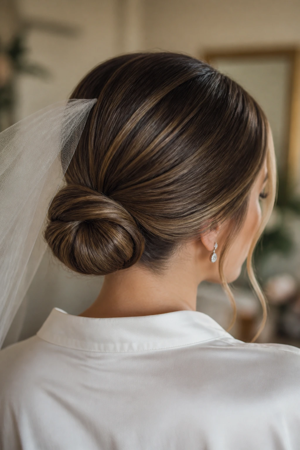 Bride with veil-ready low knot at nape
