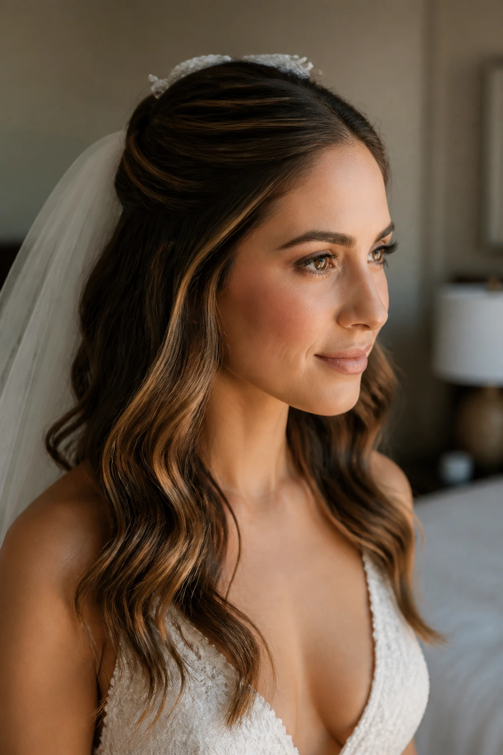 Close-up of a real bride with front pinback waves and a veil-ready look