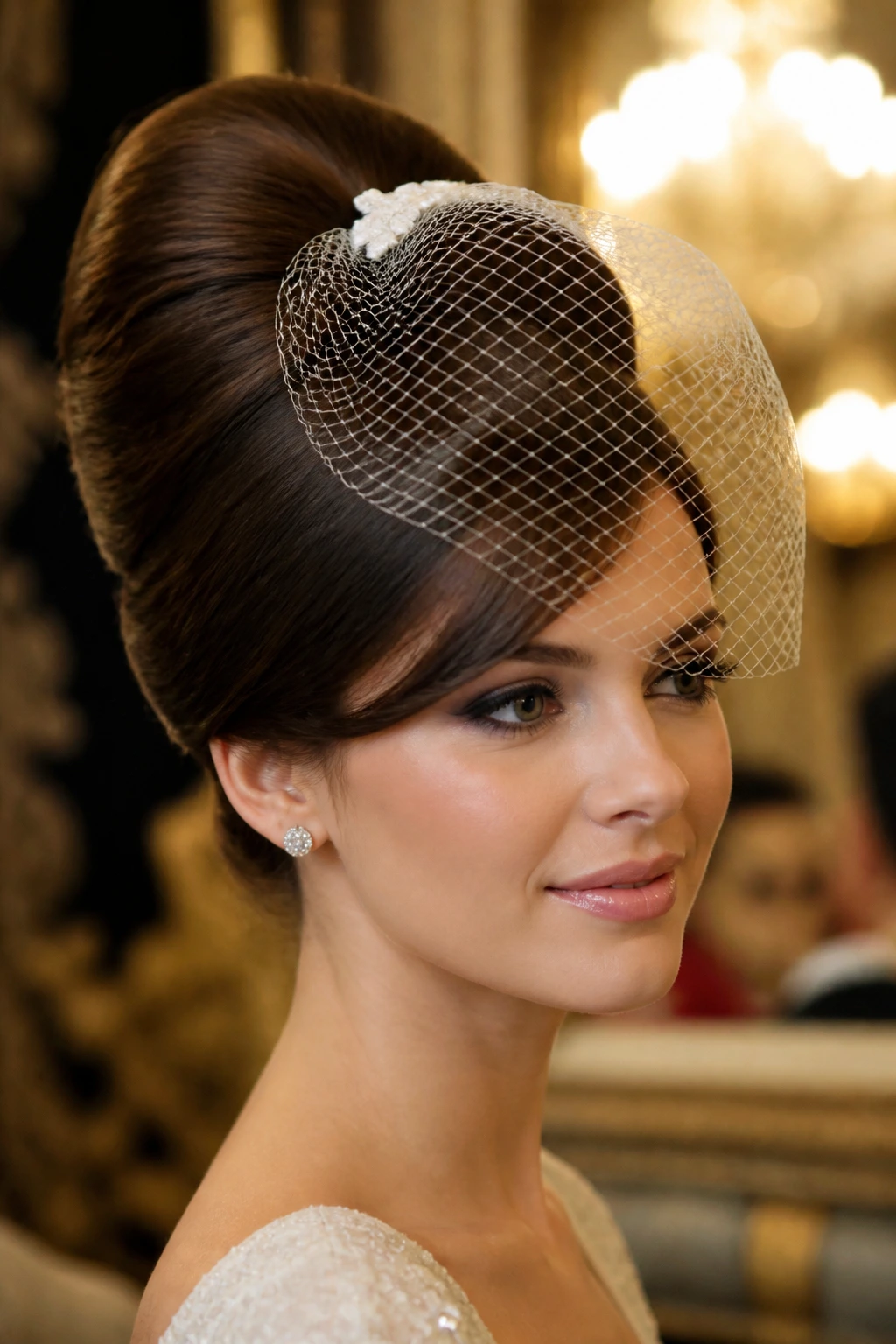 Close-up of a woman with a veiled beehive hairstyle for an evening event